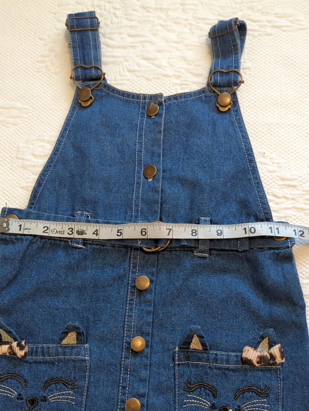 🎀😺 Denim Overall Dress/W Embroidered Cat Pockets /Black L/S Top/ Bow Size 5 - Picture 10 of 11